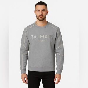 Balmain Paris Gray Embrossed Silver Crew Neck Sweatshirt Men's S.